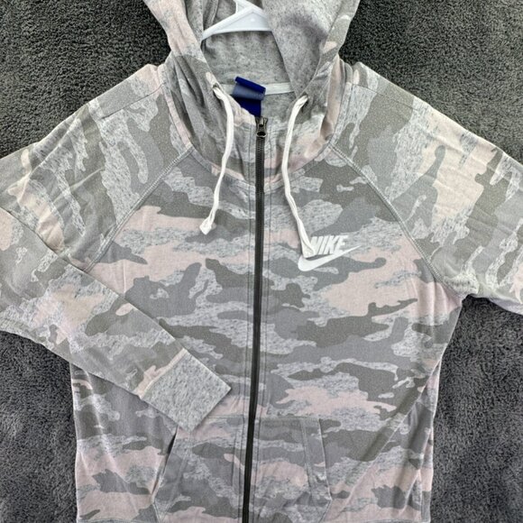 Nike Women Jacket Hoodie Camo Gray Pink Large Full Zip Lightweight W/ Pockets - Picture 1 of 16